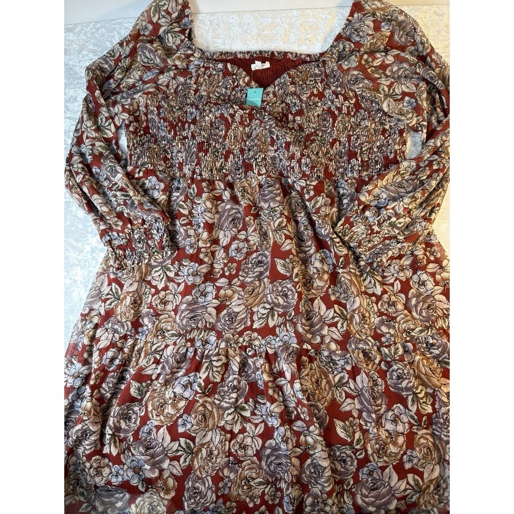 Maurices 2X Floral Smocked Peasant Dress Red‎ Boho Cottagecore Long Sleeve
